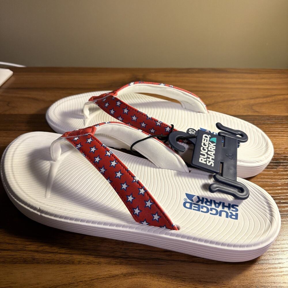 Rugged Shark White Sandals Stars Mens Size 10 Thong Shoes Comfortable Rare!